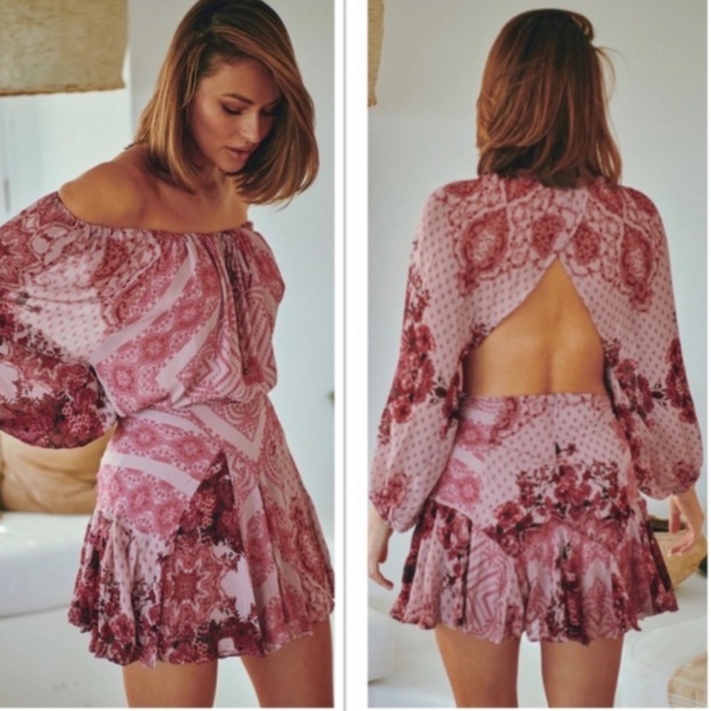 Free People Seven Wonders Mini Dress Pink Paisley Open Back Floral Large Boho